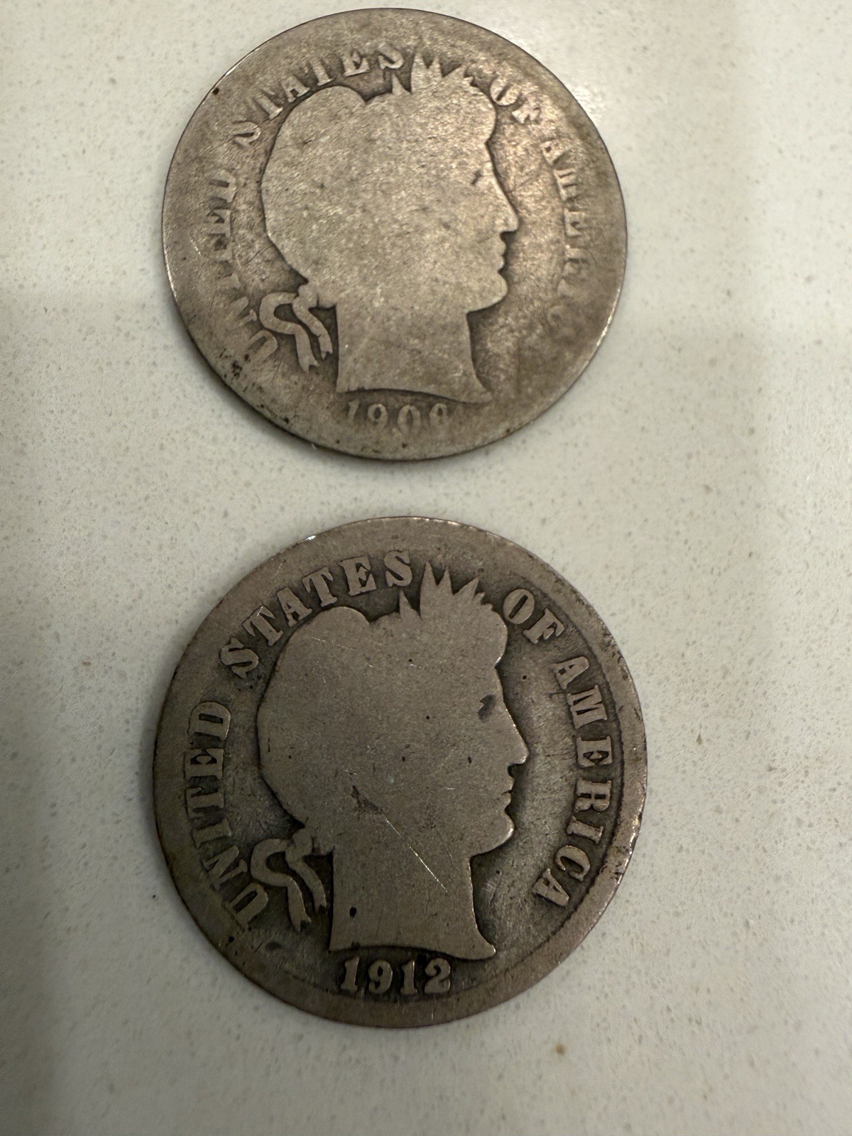Barber Dimes 1908 & 1912 Silver 10C Circulated - Lot of 2