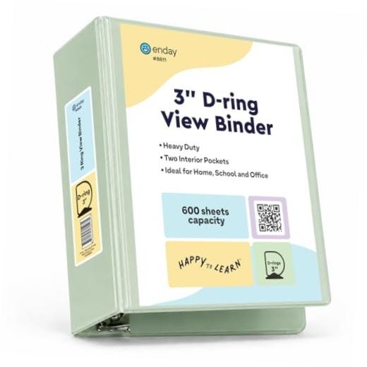 3 Inch Binder, Green - 3 Inch 3 Ring Binder, D-Ring Pastel with Clear View