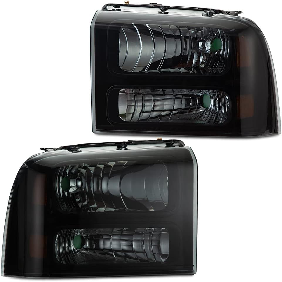 Headlights 2005-2007 Ford F250 F350 F450 F550 Super Duty Smoky Black Amber Lamps