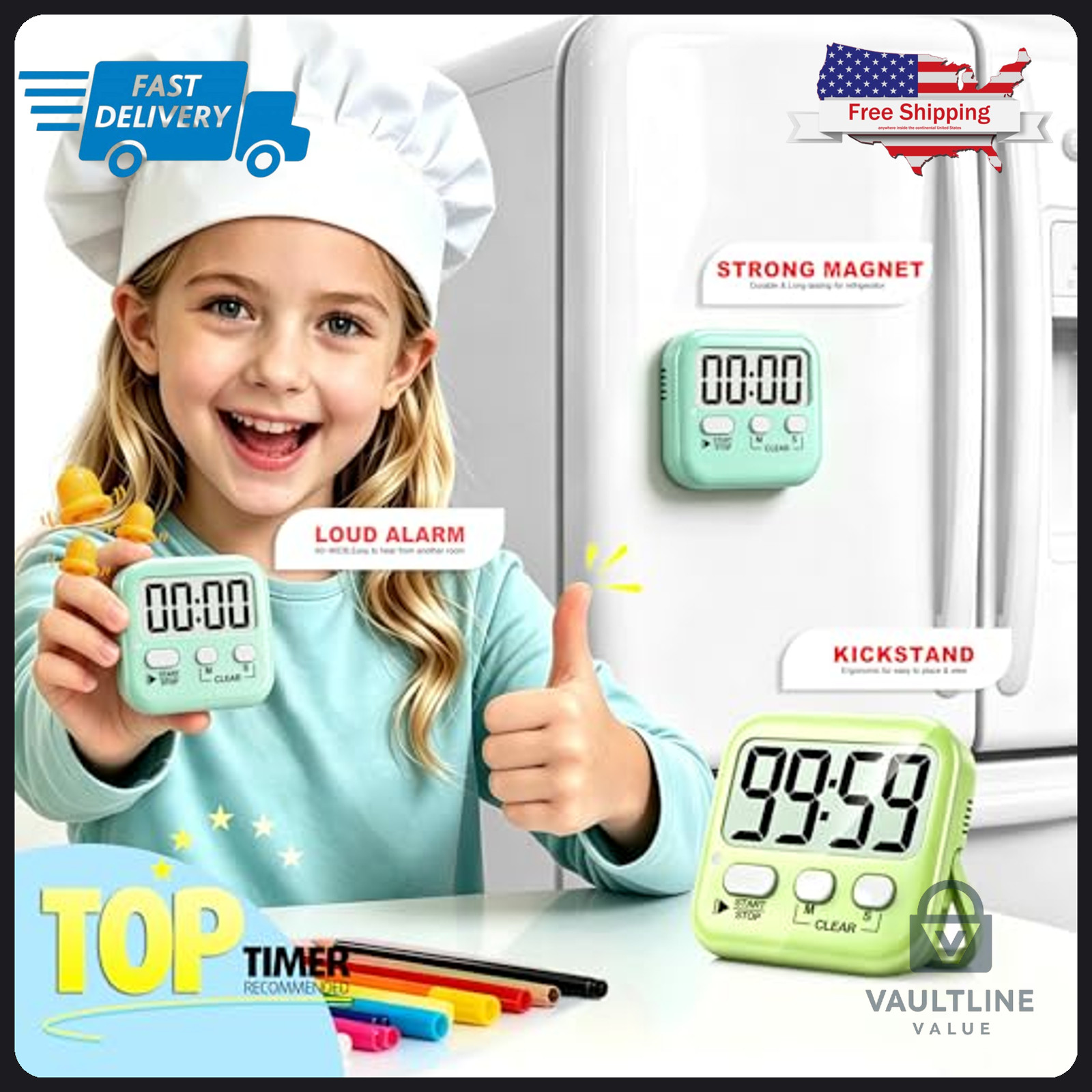2 Pack Antonki Digital Kitchen Timers - Magnetic Countdown Clock for Cooking