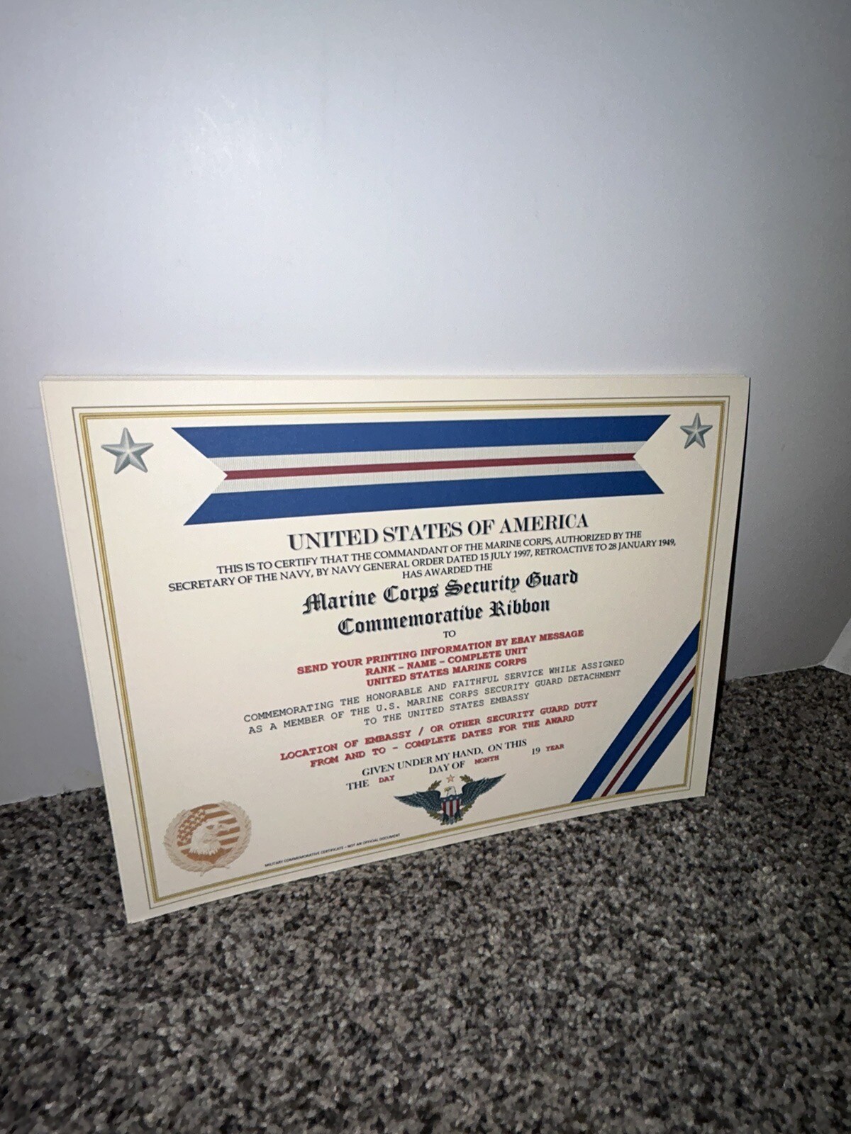 MARINE CORPS SECURITY GUARD RIBBON COMMEMORATIVE CERTIFICATE ~ W/PRINTING TYPE-1