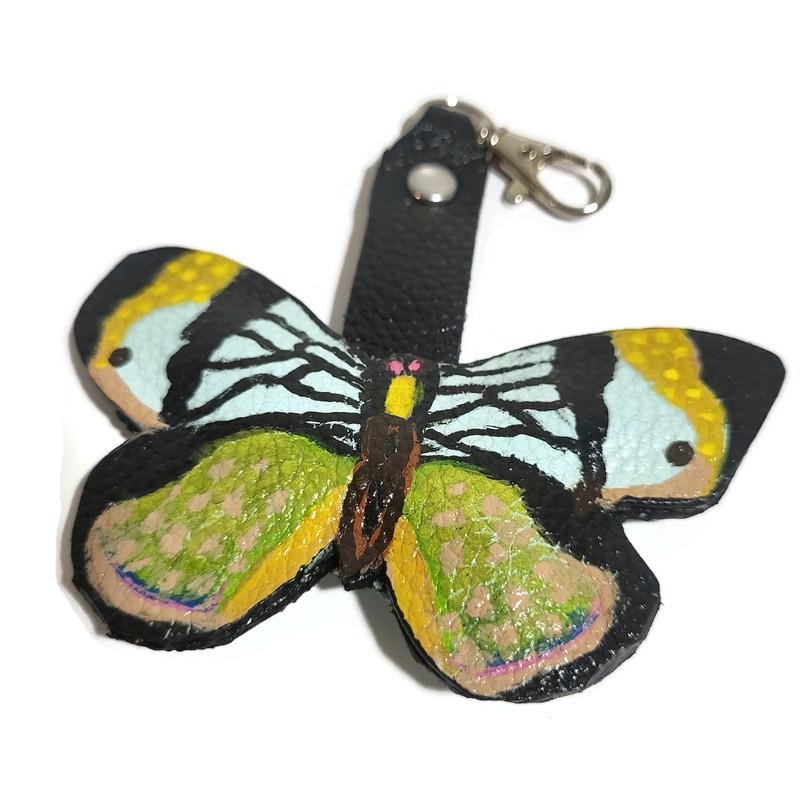 Butterfly leather keychain, blue, hand painted
