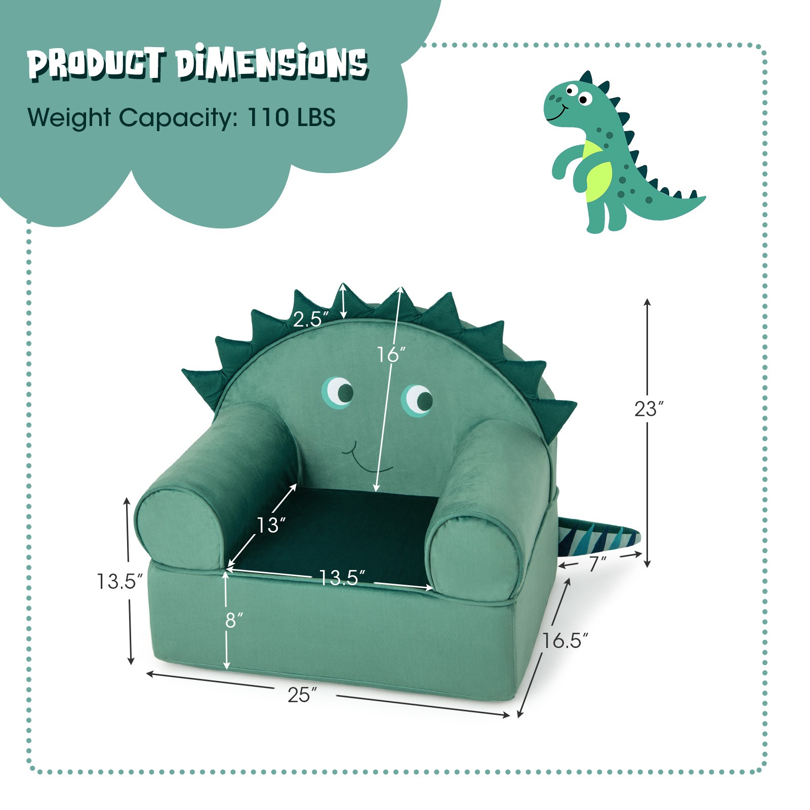 Kids Sofa Dinosaur Cuddly Armchair Toddler Armrest Couch w/ Washable Cover