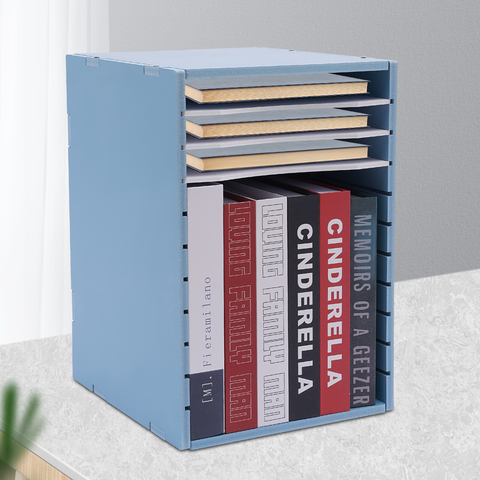 11-Compartment Vertical Desktop Sorter in Blue – Durable File Organizer