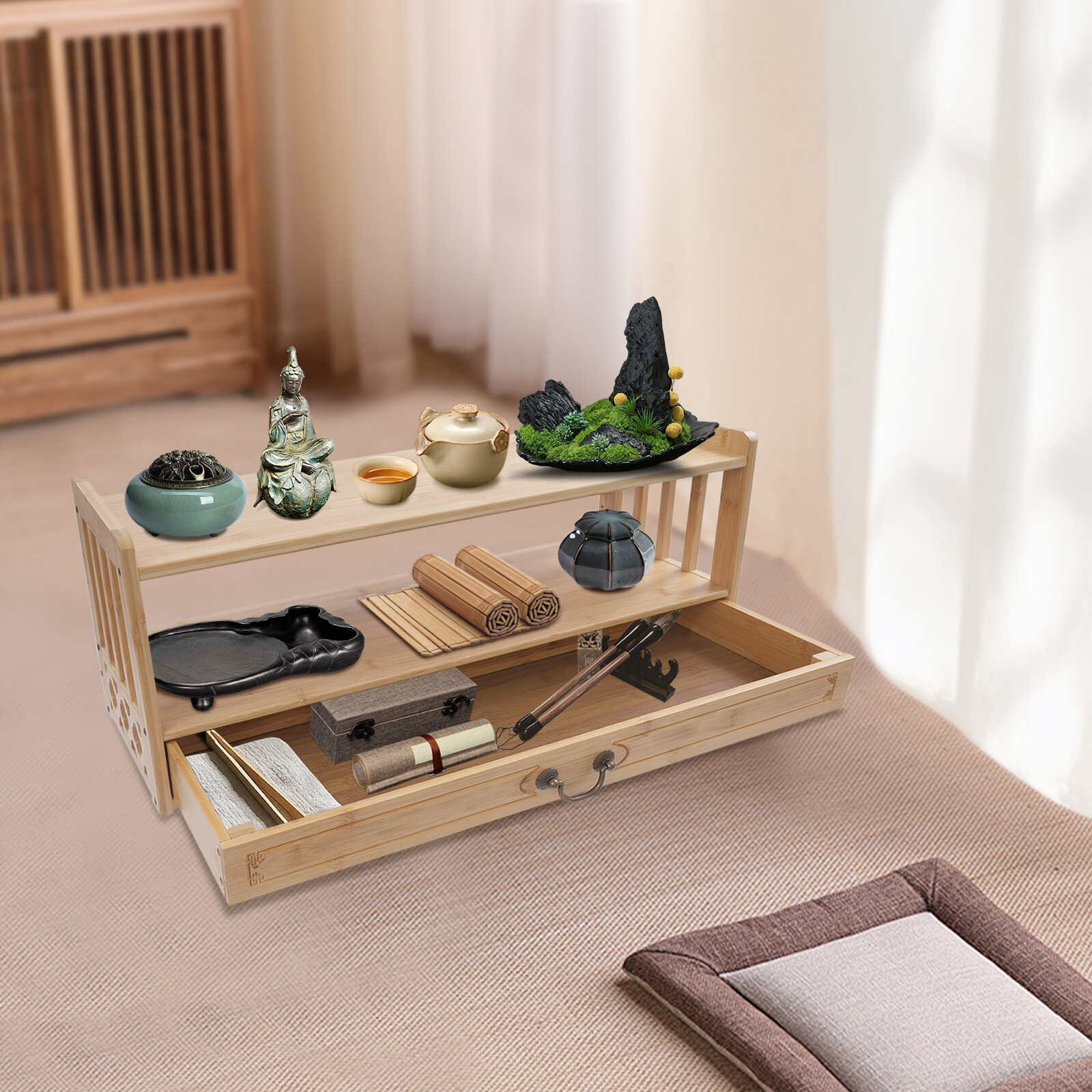 Freestanding Desktop Organizer Altar Table with Drawer Meditation Storage Table
