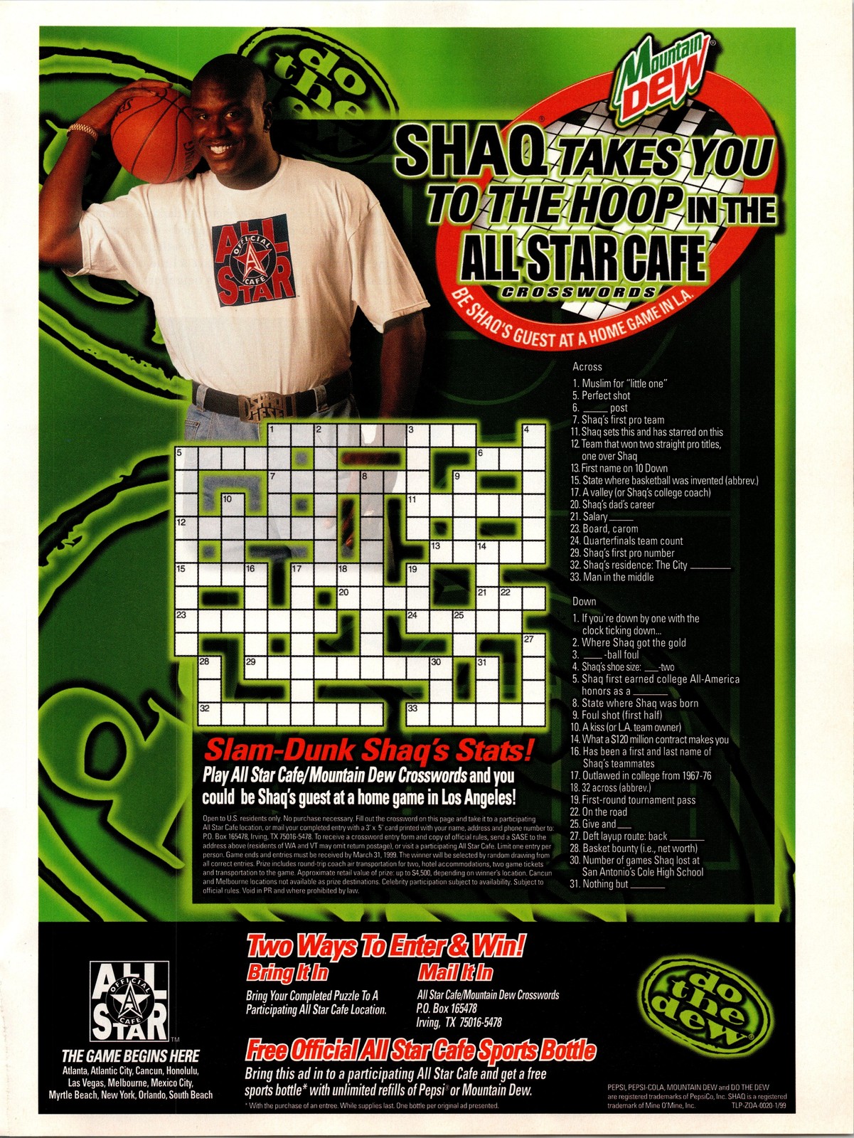 Vintage Mountain Dew Shaq All-Star Cafe Crossword Poster Flyer NBA Basketball Ad