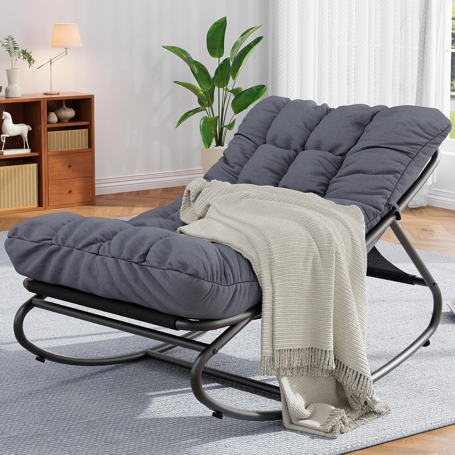Papasan Rocking Chair, Indoor Outdoor Metal Patio Rocker with Comfy Cushion, 300