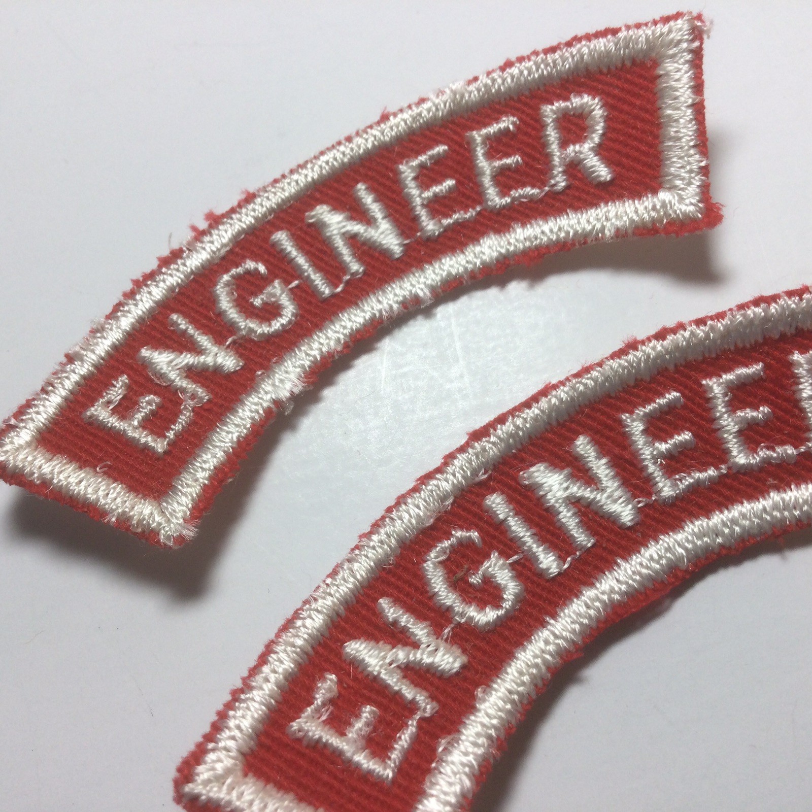 (2) ENGINEER Upper Rocker Patch - White on Red Twill NOS