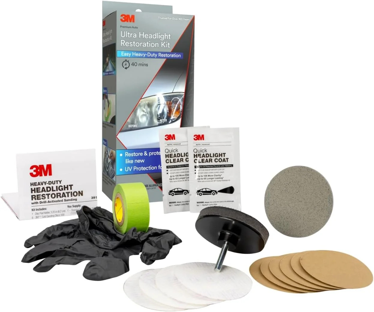 Ultra Headlight Restoration Kit, Contains Masking Tape, Light Sanding Discs