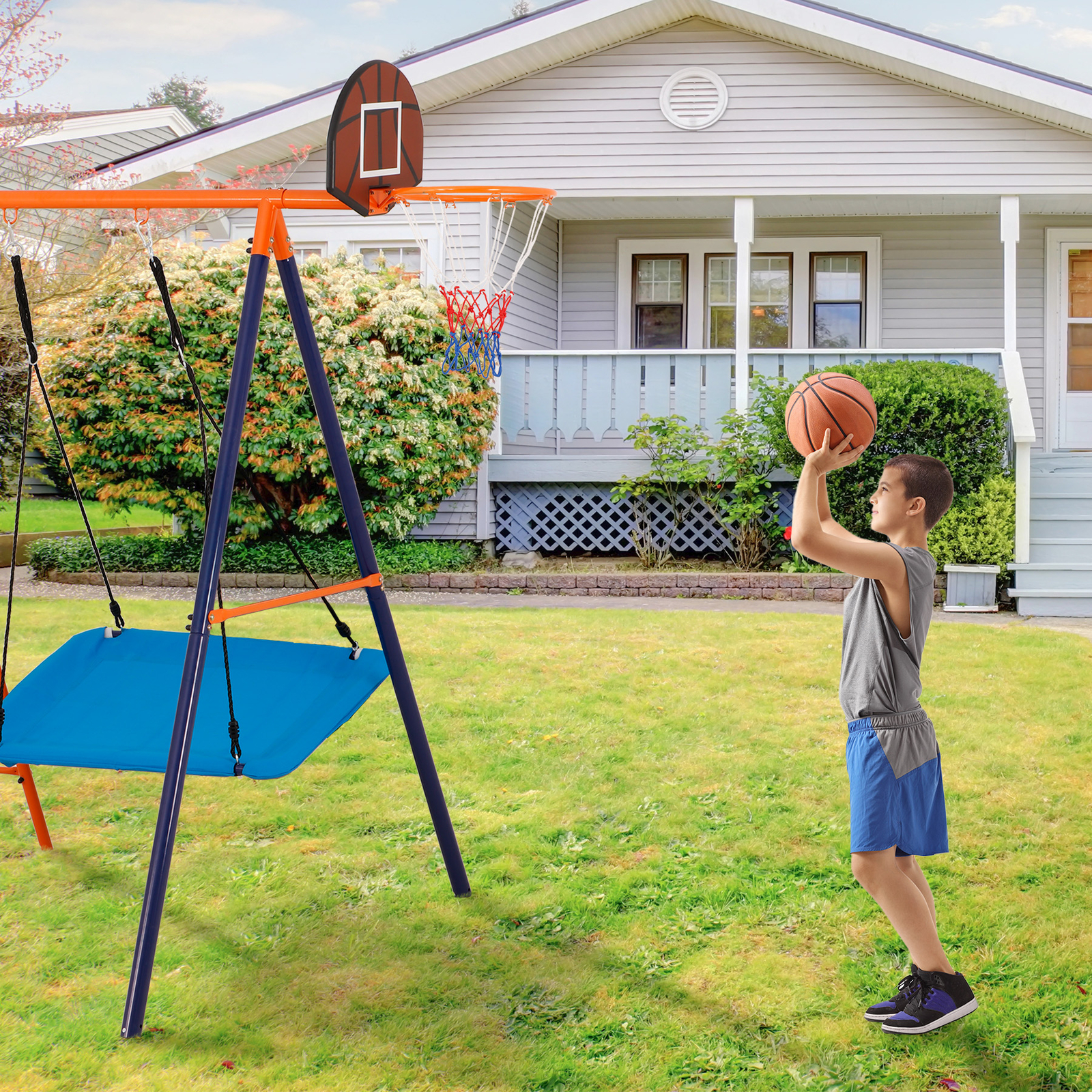 6 in 1 Swing Set Outdoor Kids Play Ground with Safety Frame for Backyard Park