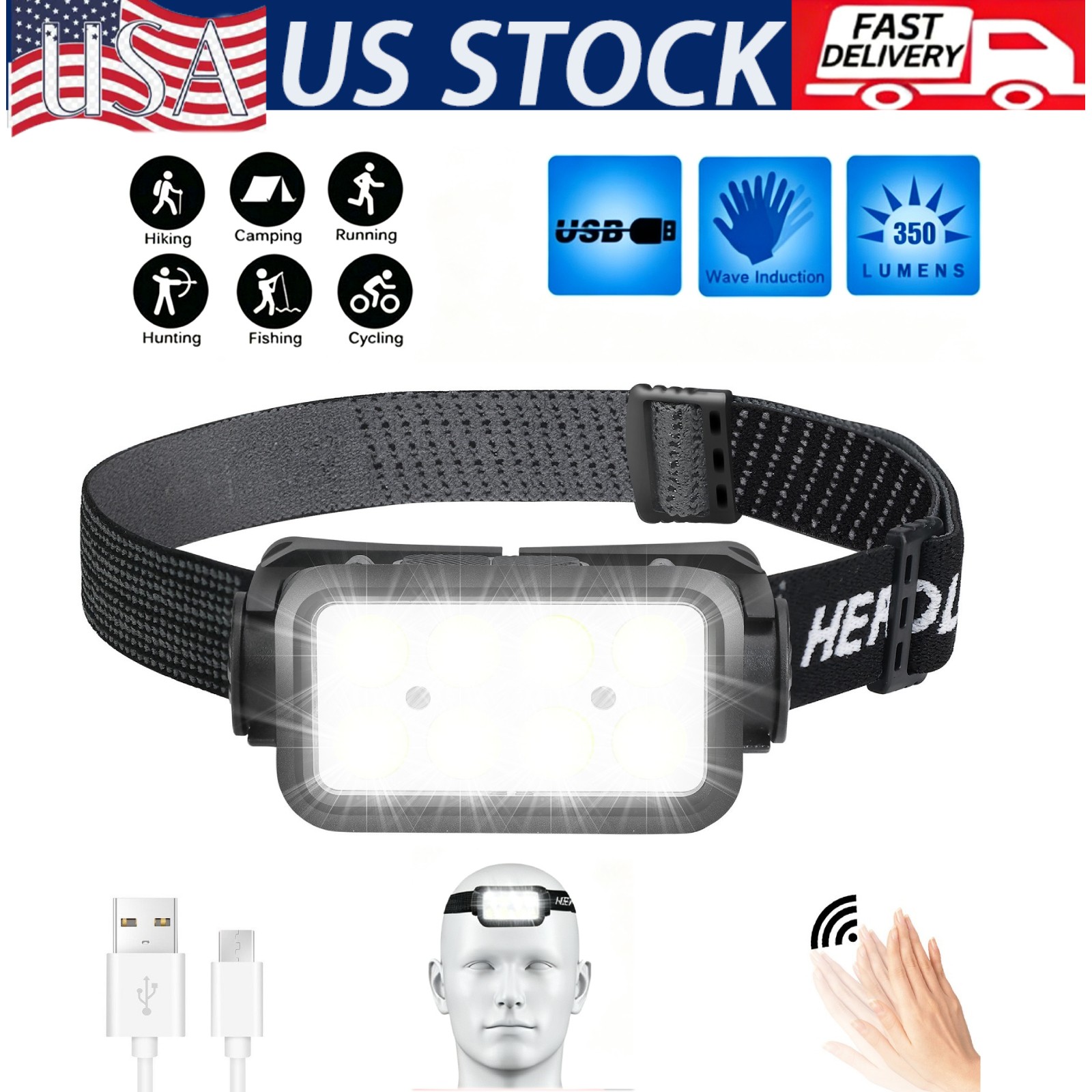 COB LED Headlamp USB Rechargeable Headlight Bar Head Band Torch Work Light 6000K