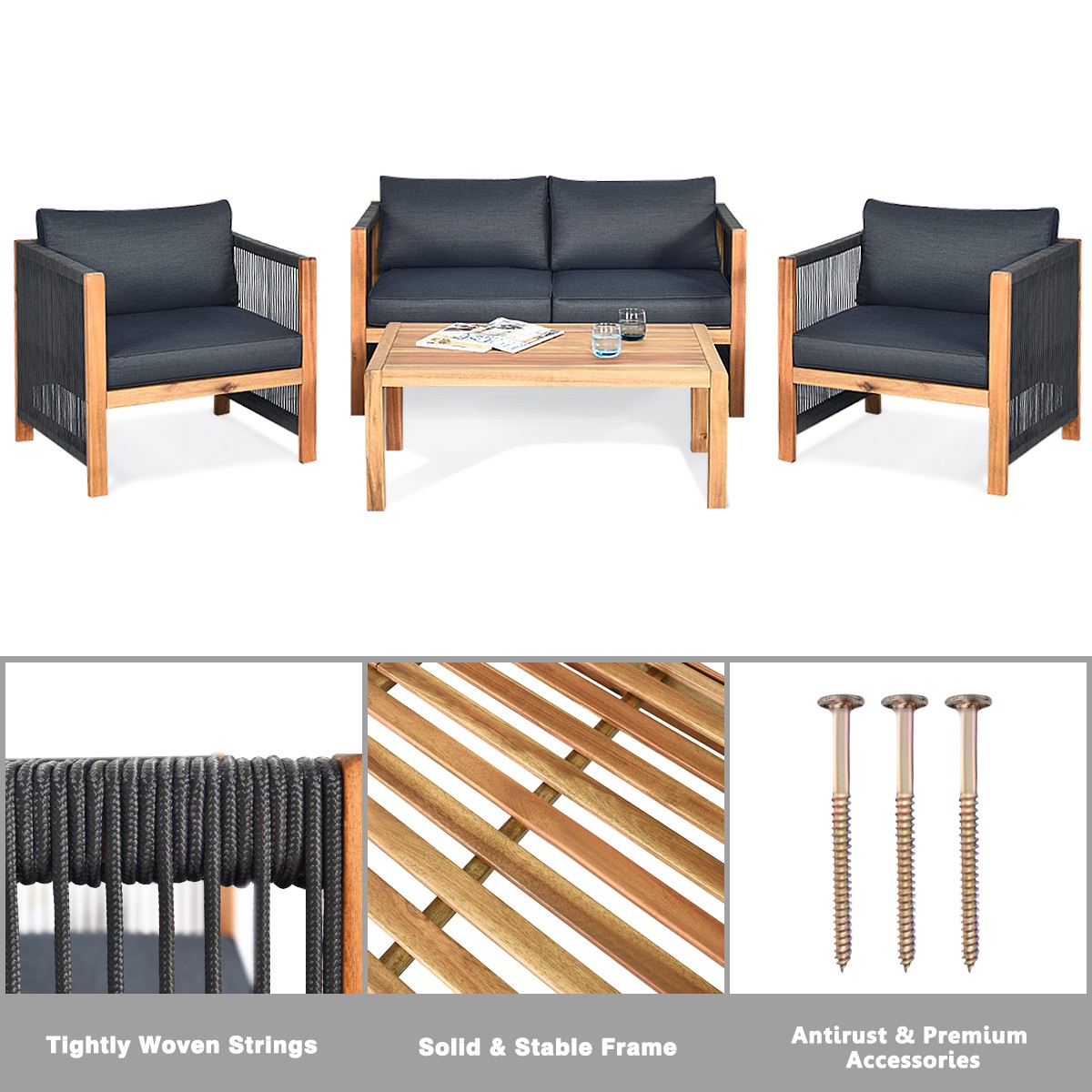 4PCS Acacia Wood Garden Patio Furniture Set Cushioned Sofa W/Nylon Rope Armrest
