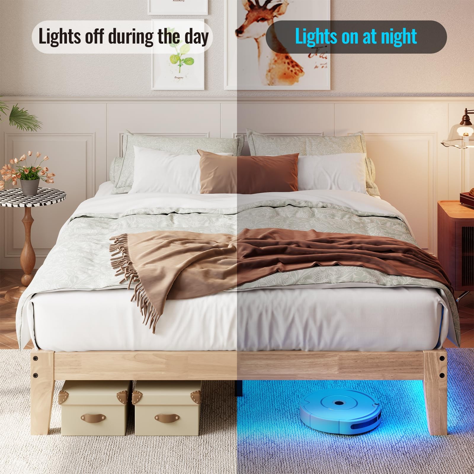 Full Size Solid Wood Platform Bed with Led Light - Noise-Free Design with Met...