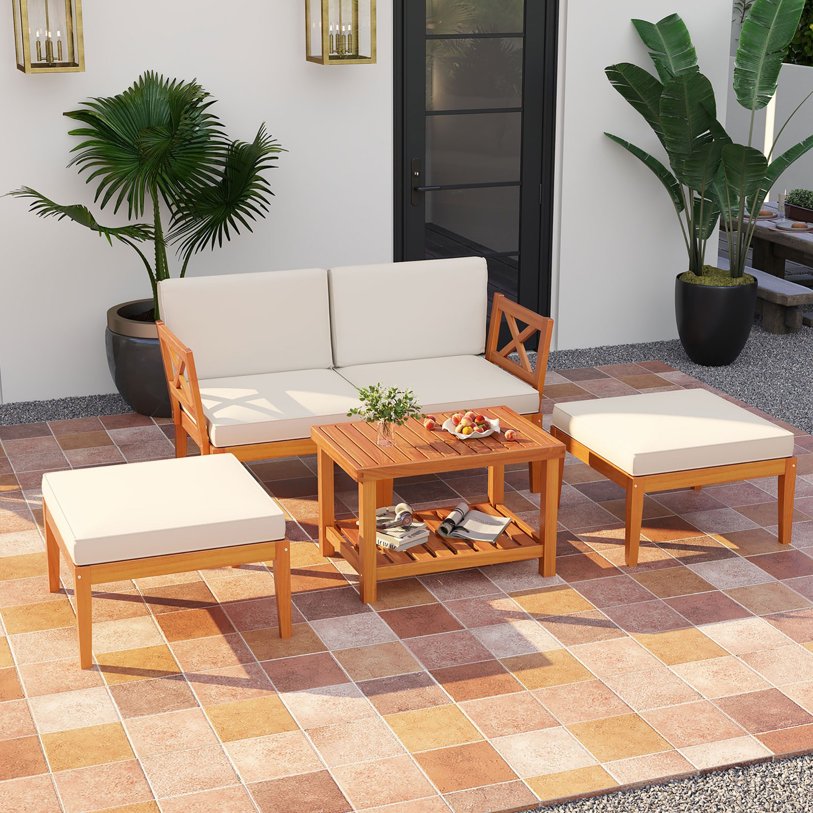 5 PCS Acacia Wood Patio Chaise Lounge Chair Set w/ 2-Tier Coffee Table Cushions