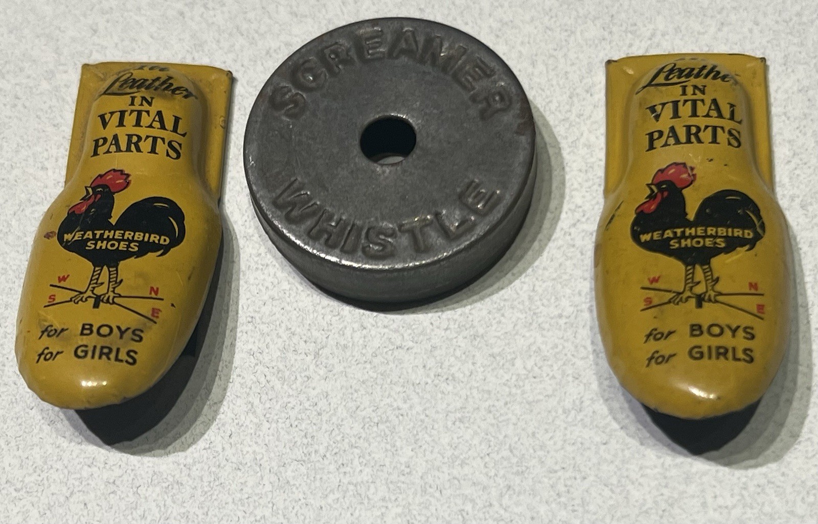 Vintage Weatherbird Shoes clickers & Cracker Jack Screamer Whistle premium toys