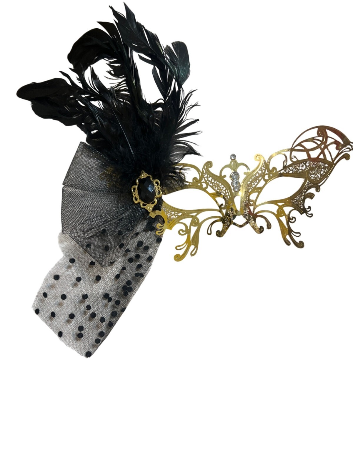 Gold Tone Lace Filagree Metal Masquerade Mask Feathers Rhinestones 10.5" New