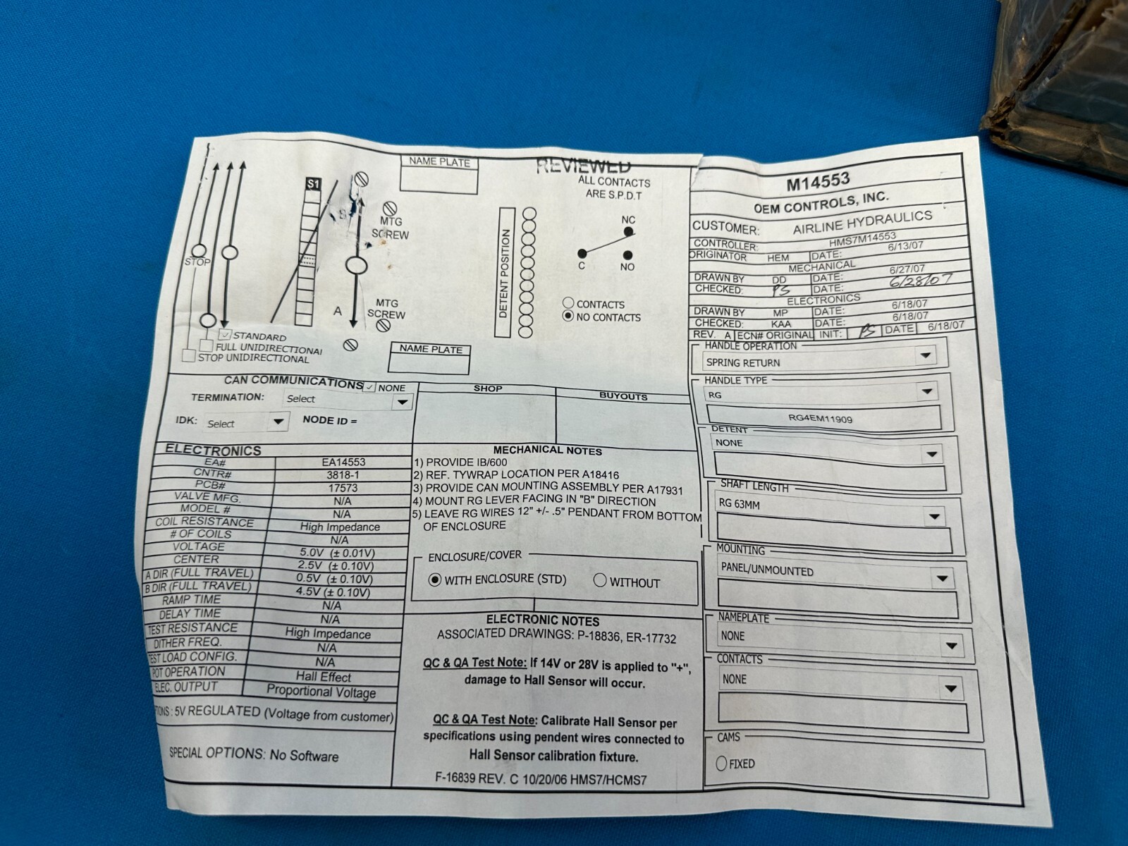 OEM Controls Airline Hydraulics Single-Axis Joystick Controller M14553