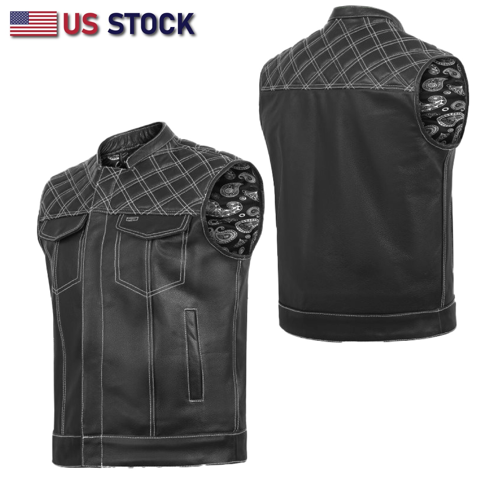HL11693SPTWHT WHITE Black Men Cross Stitch Club Leather Vest