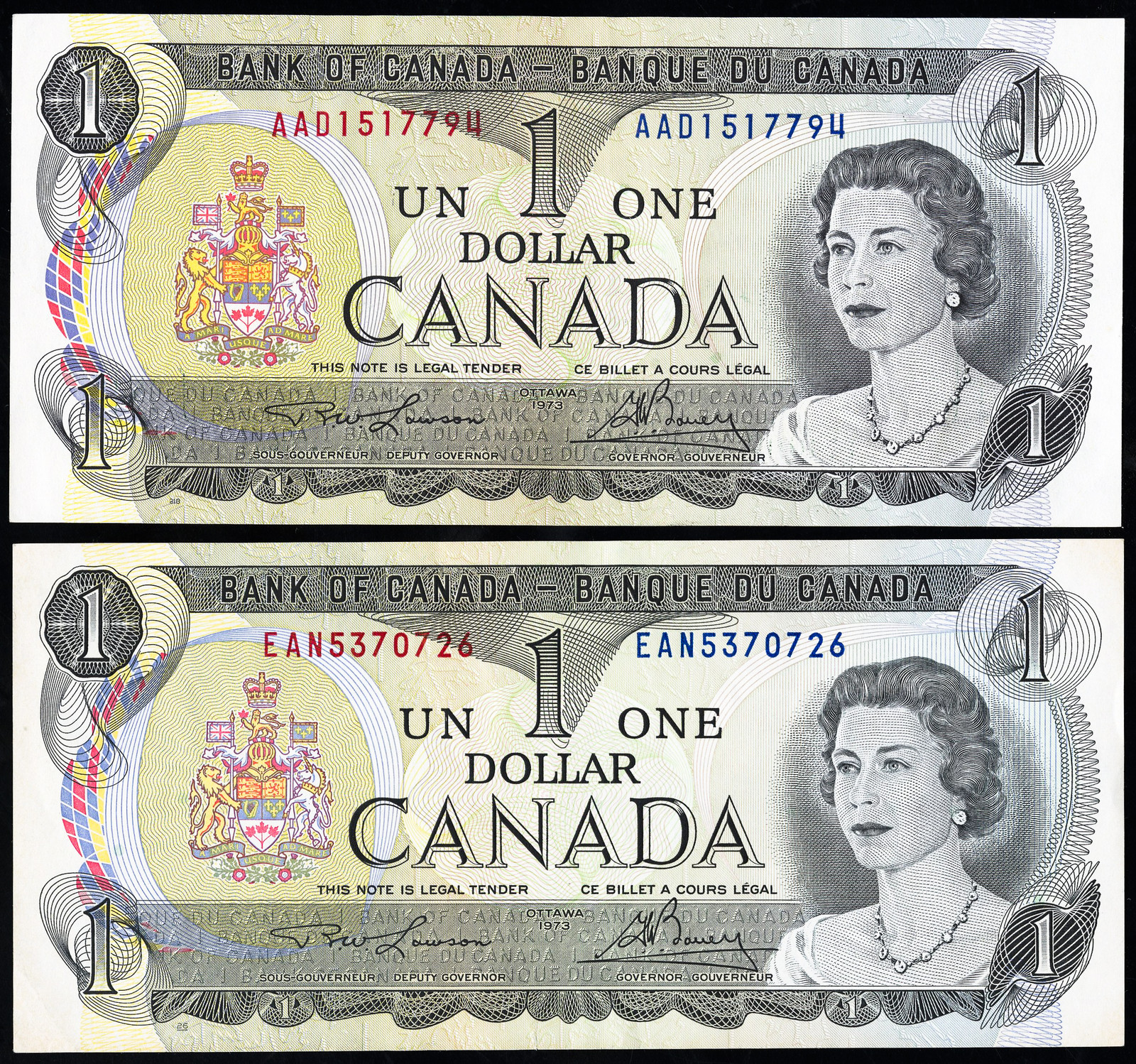 Canada Paper Money Two $1 CU Notes