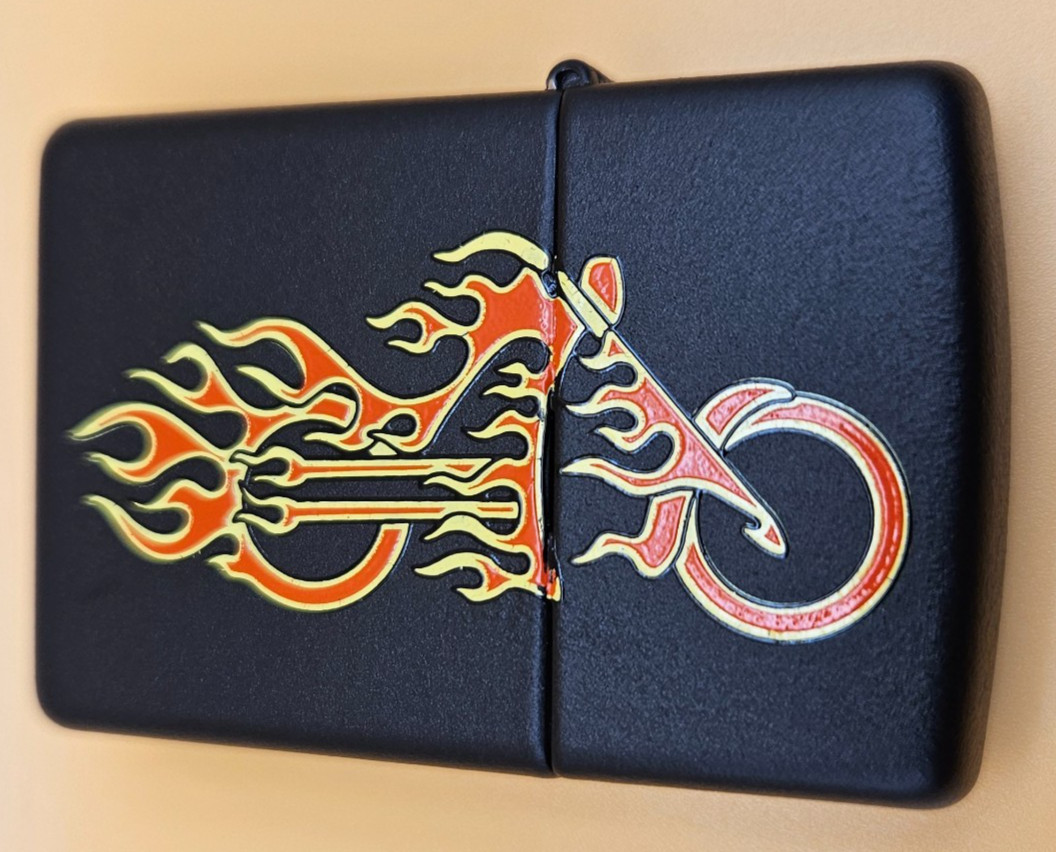 Zippo Lighter 2004 Flaming Motorcycle, Black Matte, New
