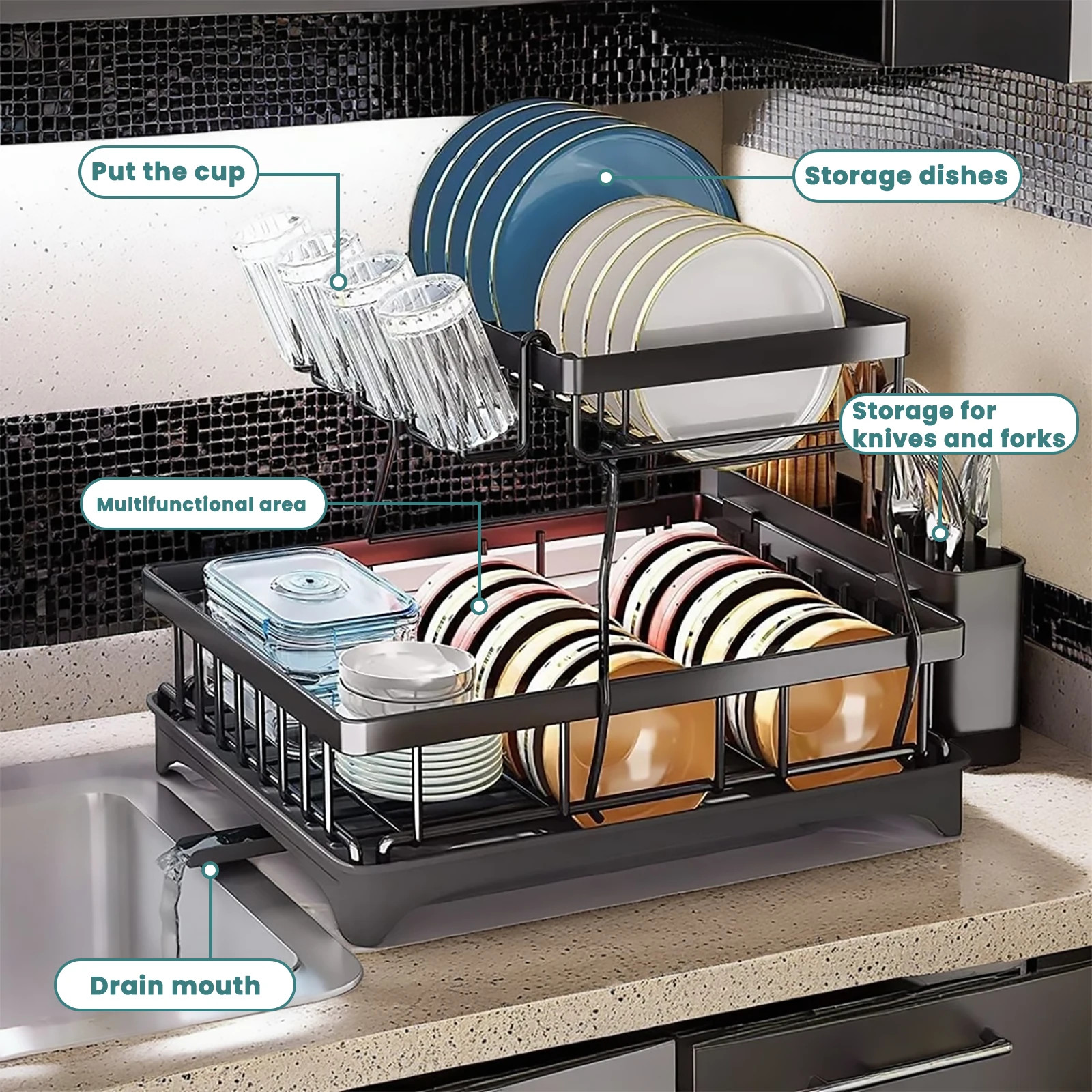 Large 2-Tier Dish Drying Rack for Kitchen Countertops, Removable Large-Capacity