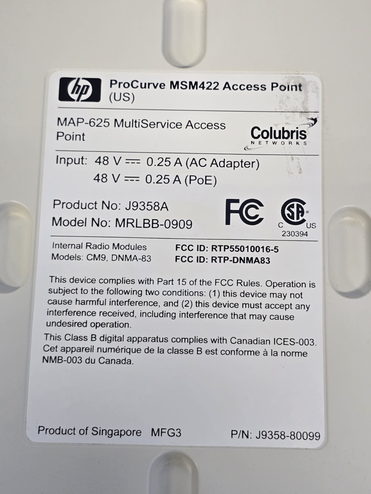 HP J9358A ProCurve MSM422 MAP-625 MultiService Wireless Access Point