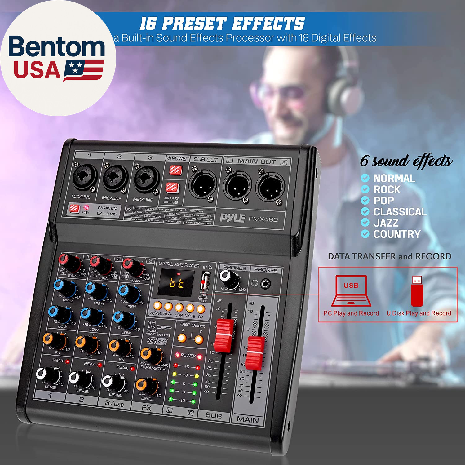 Professional DJ Audio Mixer - 3-Channel Controller with 16 Preset DSP Effects -