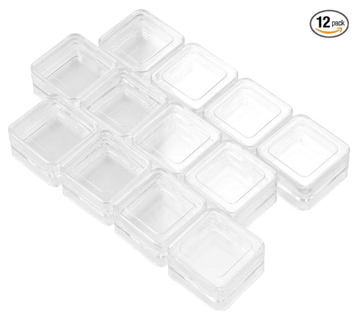 12 each Stacking Square Plastic Containers With Lids Size: 1.25" X 1.25 x .75