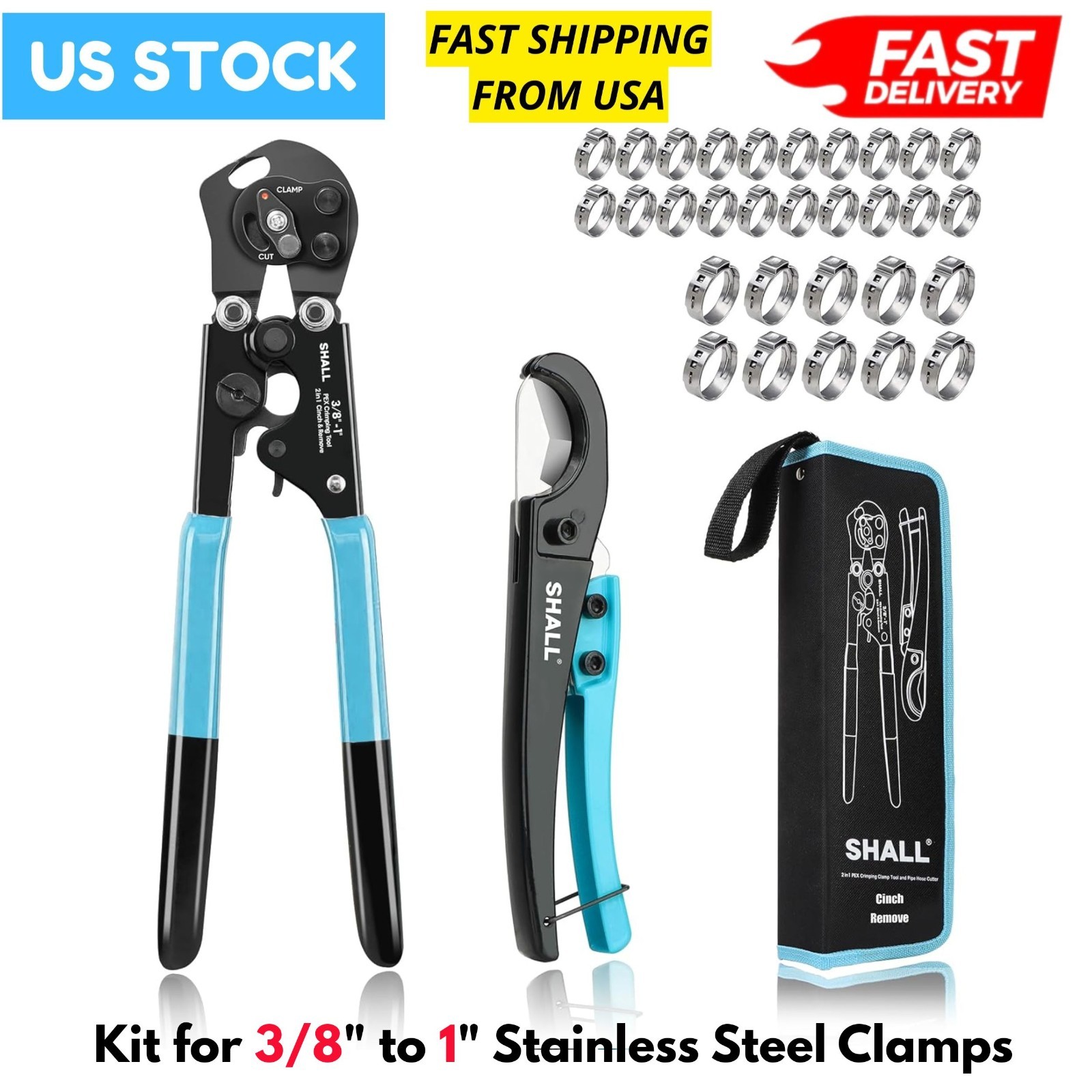 2-in-1 PEX Crimping & Removal Tool Kit, 20pcs 1/2" 10pcs 3/4" Clamps,Storage Bag
