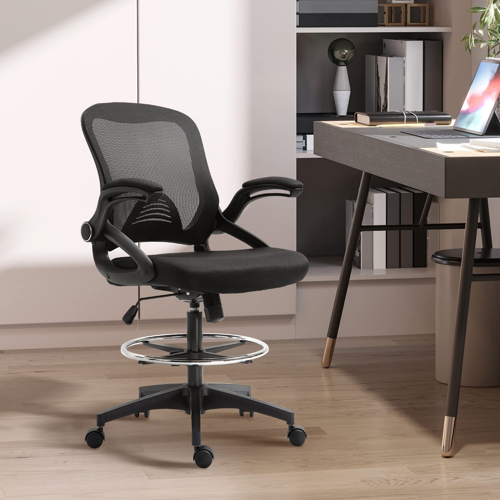 Vinsetto Mesh Drafting Chair, Tall Office Chair with Lumbar Support, Flip-Up Arm