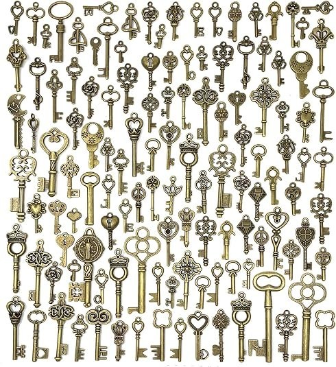 125 PCS Vintage Skeleton Key Set Charms,Mixed Antique Style Bronze Brass..