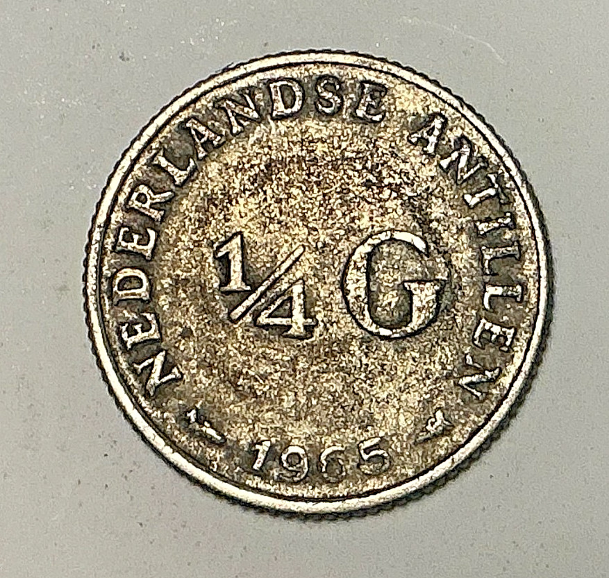 1965 Netherlands Antilles 1/4 Gulden - Queen Juliana. 64% Silver Coin. 500K Mint