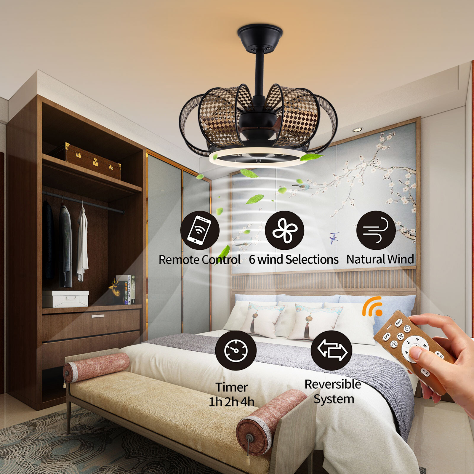 Exquisite 19'' Ceiling Fan Chandelier Ceiling Fan Lamp Mesh Lampshade W/Remote