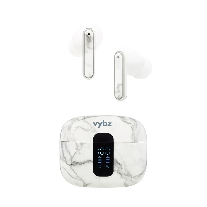 VYBZ True Wireless TWS In-Ear Earbuds + Charging Case & LED Display - MARBLE