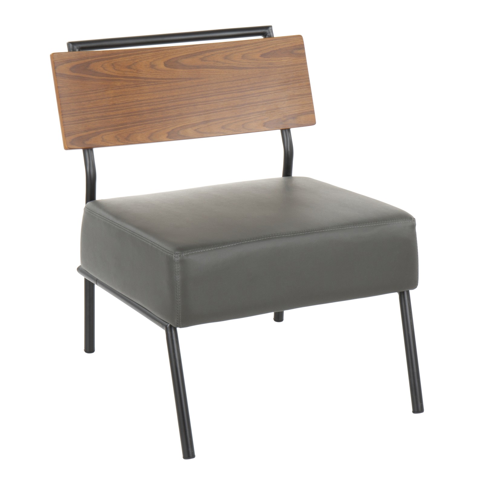 Fiji Contemporary Accent Chair in Grey Faux Leather with Walnut Wood Accent by