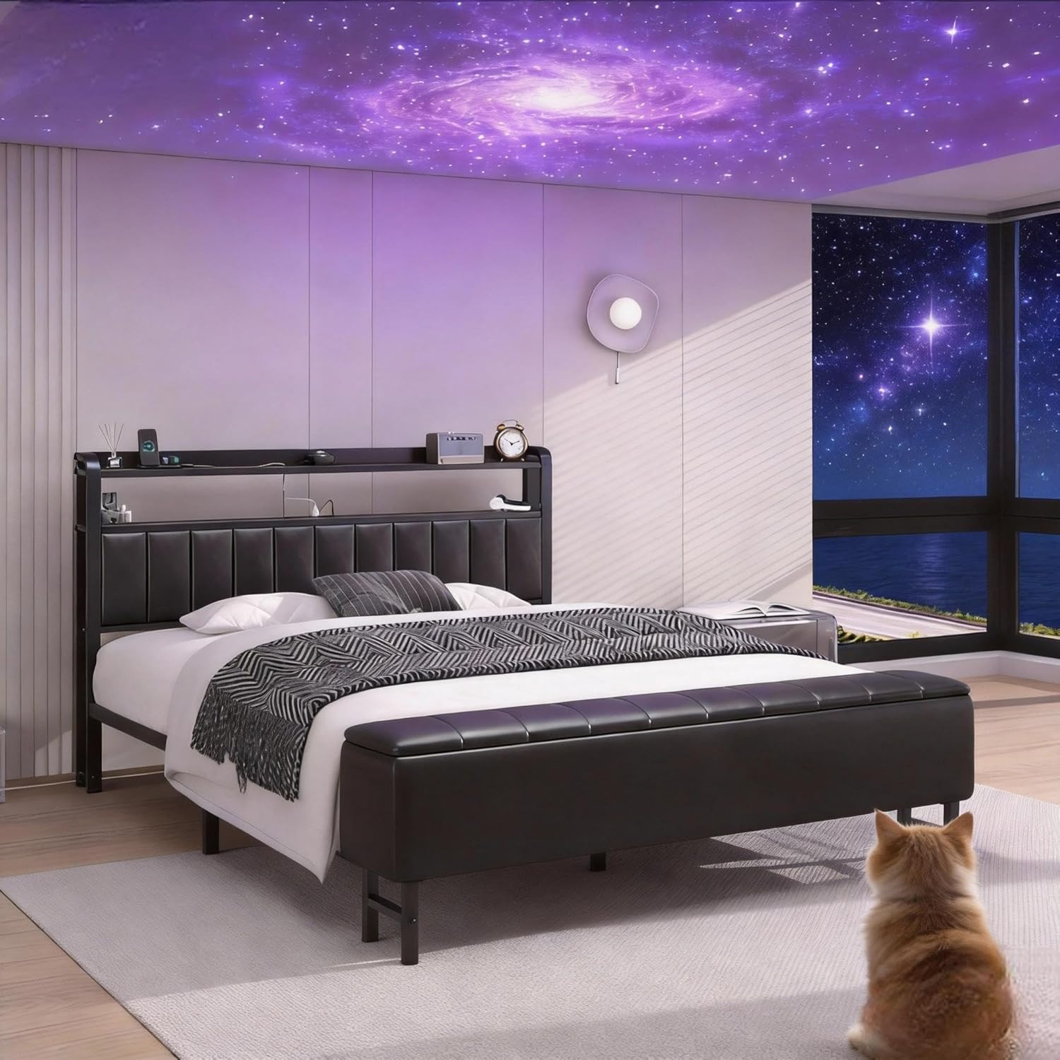 Full Size Platform Bed Frame with Storage Headboard, Star Projector, Black | Cha