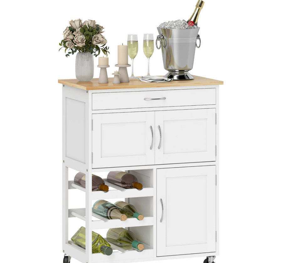 Rolling Kitchen Cart, White, Island with Storage Drawer, 9-Bottle Wine Rack, Doo