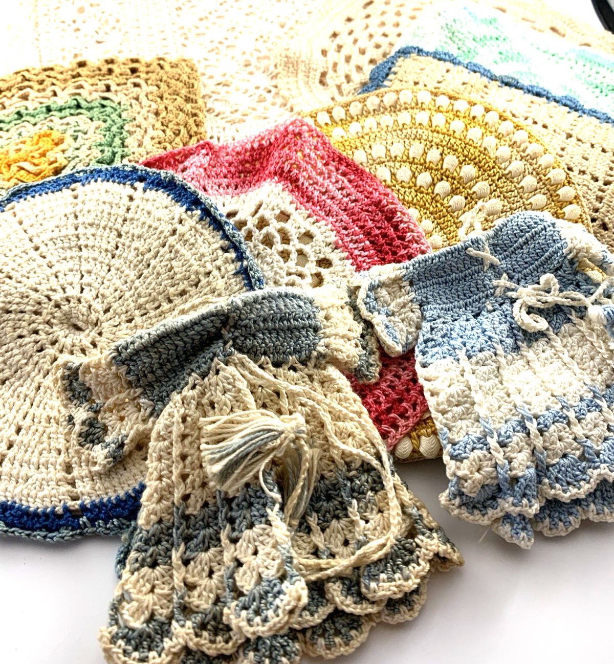 Crochet Vintage Pot Holders (5), Table Runner, Doilies & Dress (2 each) | Used