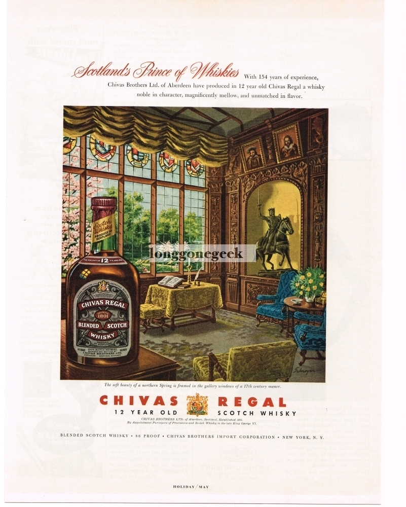1955 CHIVAS REGAL Scotch Whiskey 17th Century House SCHROYER Vintage Print Ad