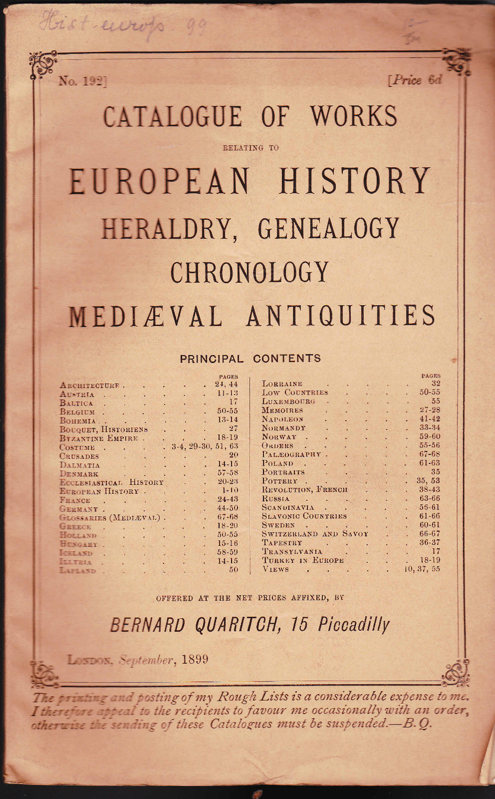 Bernard Quaritch Catalog of Books European History Heraldry Genealogy 1899 #192