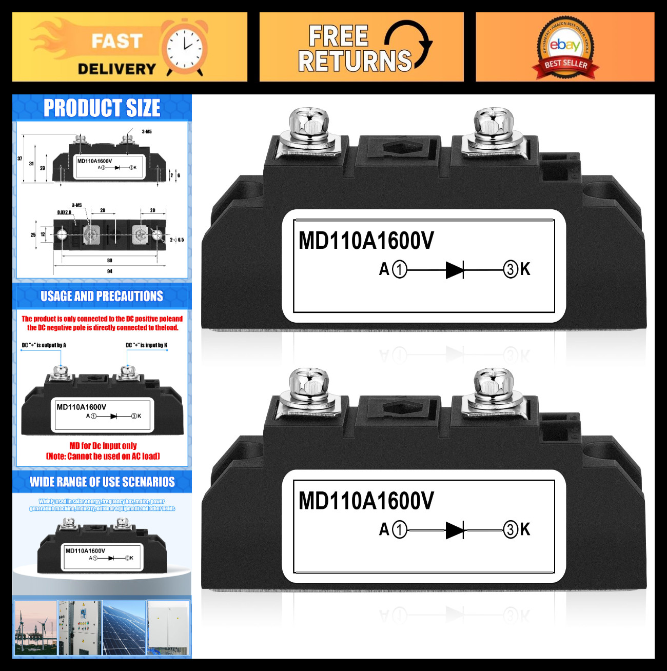 2 Pcs 100A Solar Diode, Anti-Reverse One Way Diode for 12V 24V 48V Systems, AC/D