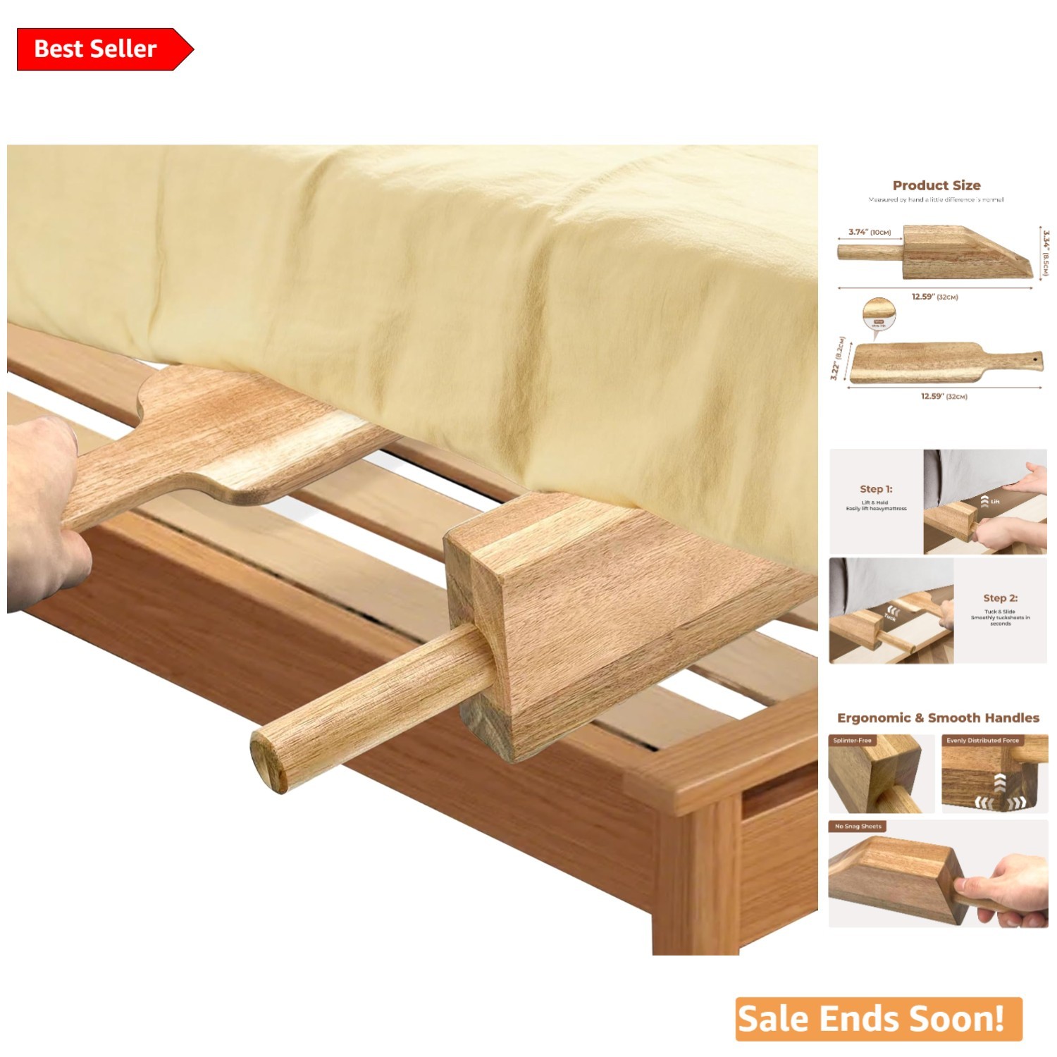 Ergonomic Acacia Bed Maker Set for Effortless Sheet Changes - Ideal for Seniors