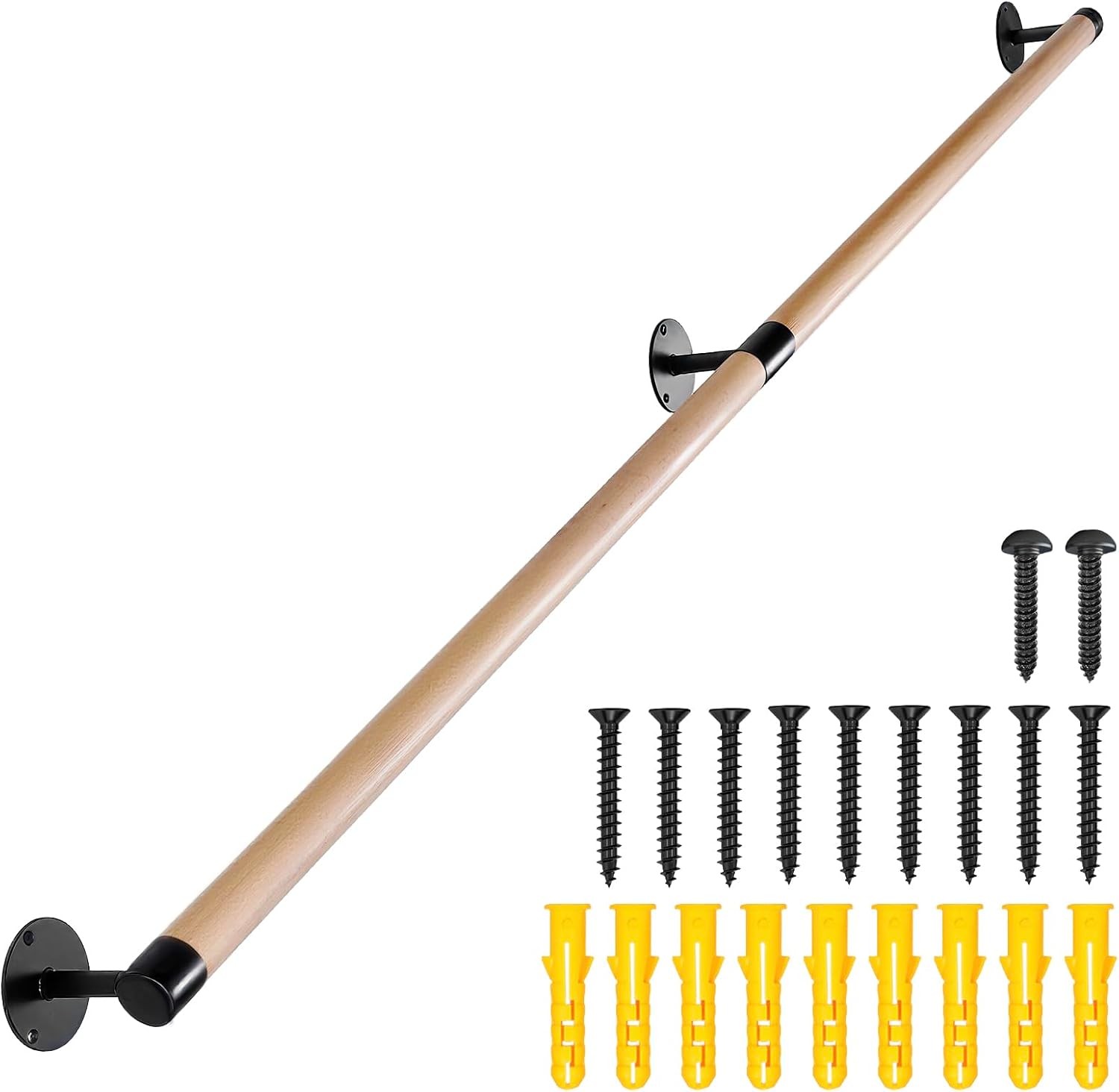 6 FT Wooden Stairs Handrails Wall Mount- Metal Support Wood 6 Feet,