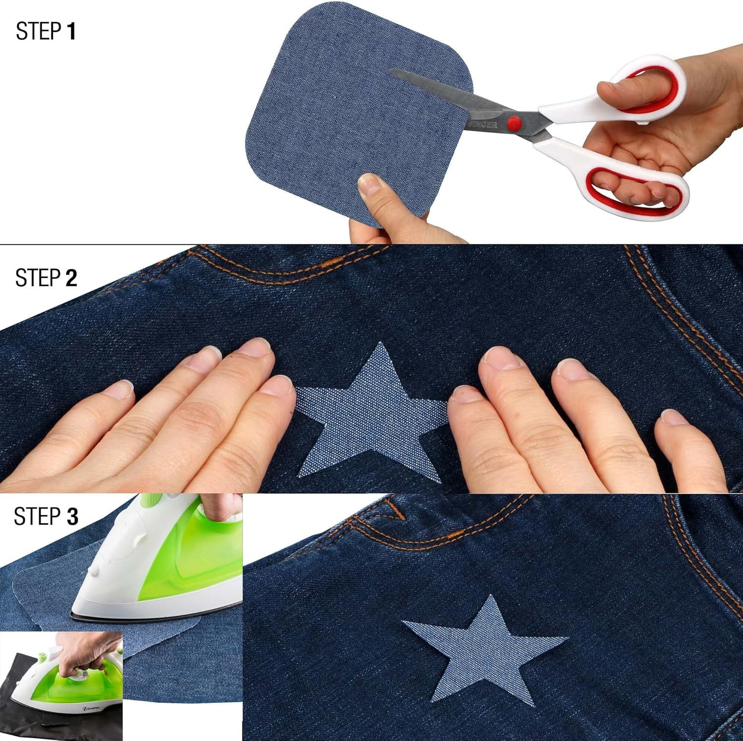 Denim & Twill Iron-On Patches Combo, 8Pc Assorted