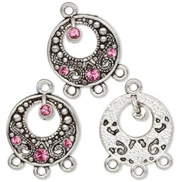 3 Antiqued Silver Pewter Chandelier Earring Made with Swarovski Pink Crystals *