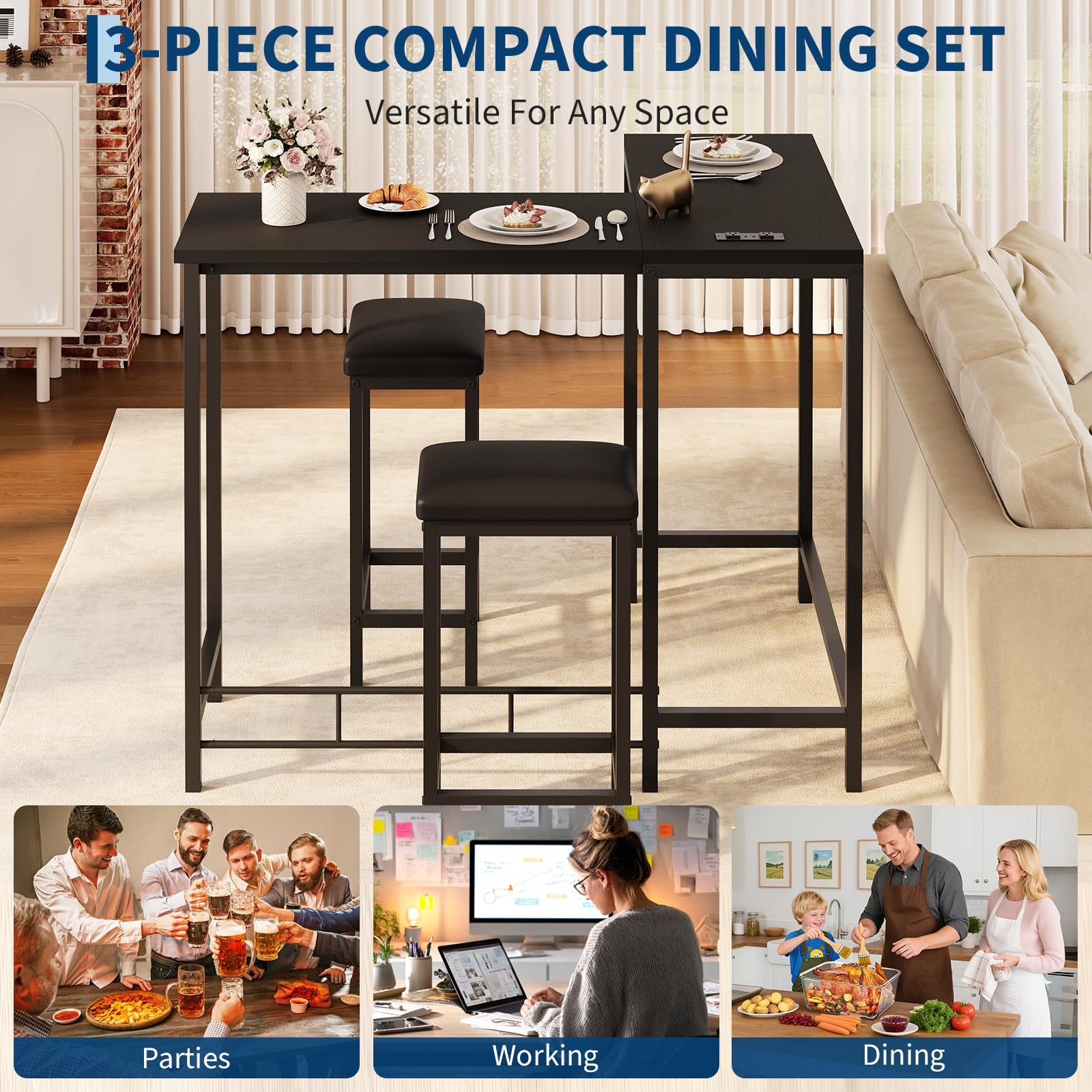 Bar Table and Chairs Set 63'' L-Shaped Bar Table with 2 Stools, Built-in Outlets