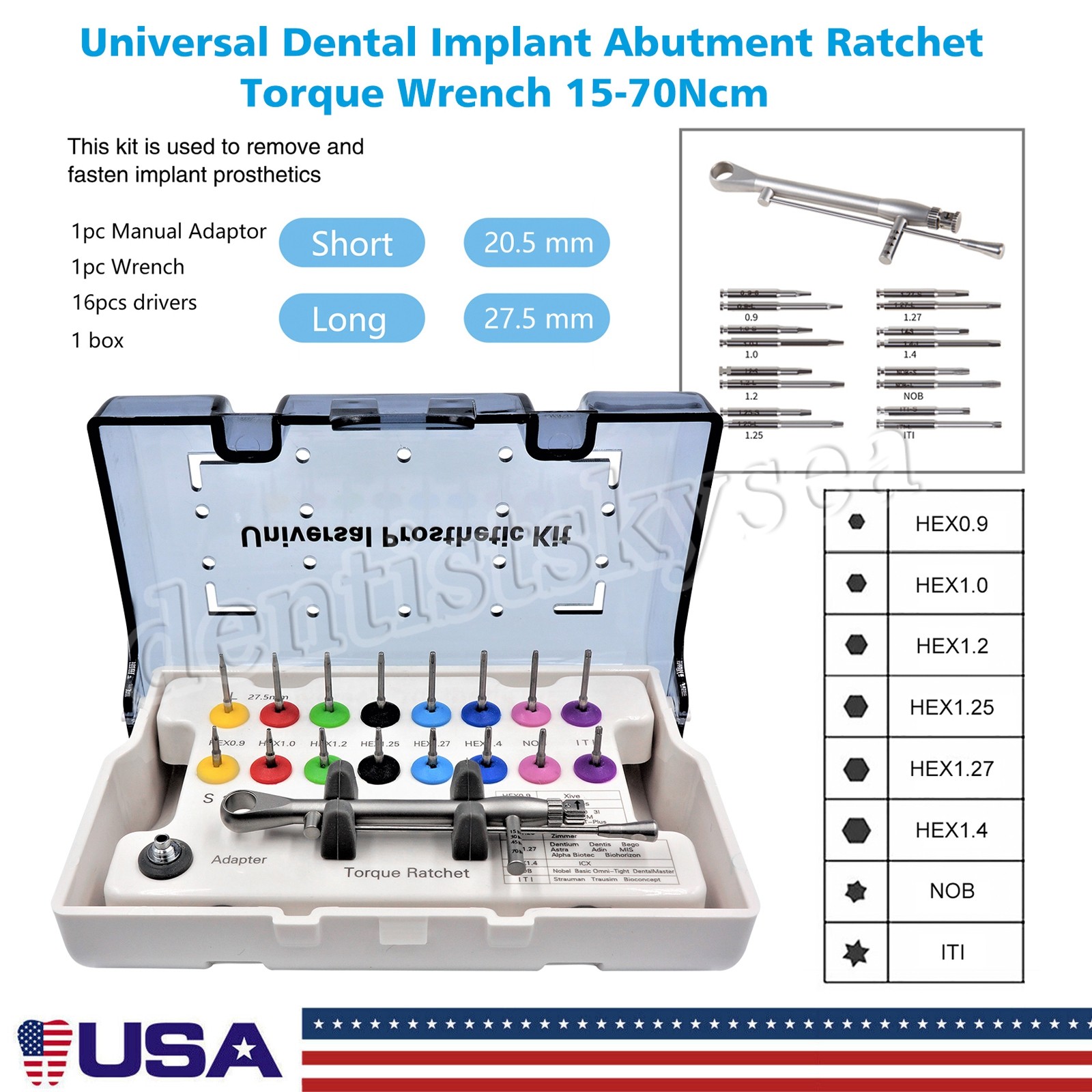 Universal Implant Prosthetic Kit Screwdriver Hex Driver Torque Wrench 16 drivers