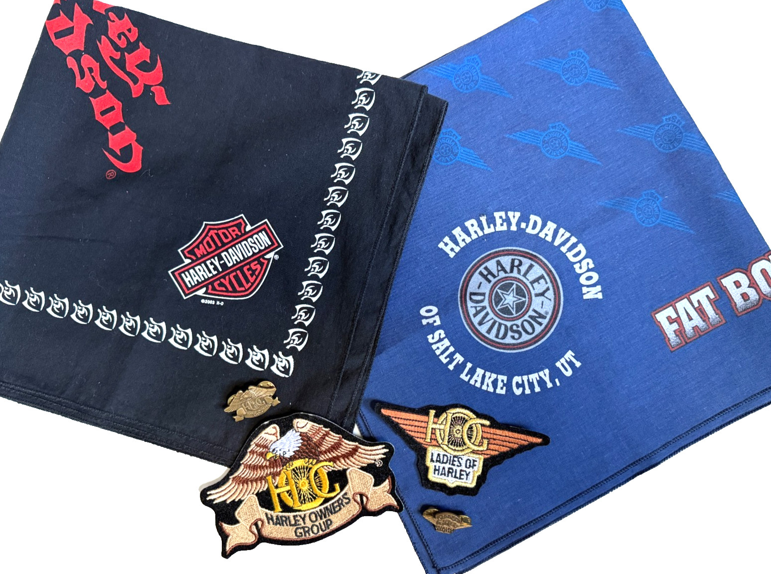 Lot of Harley Davidson Owners Group & Ladies of Harley Patches, Pins, Bandanas