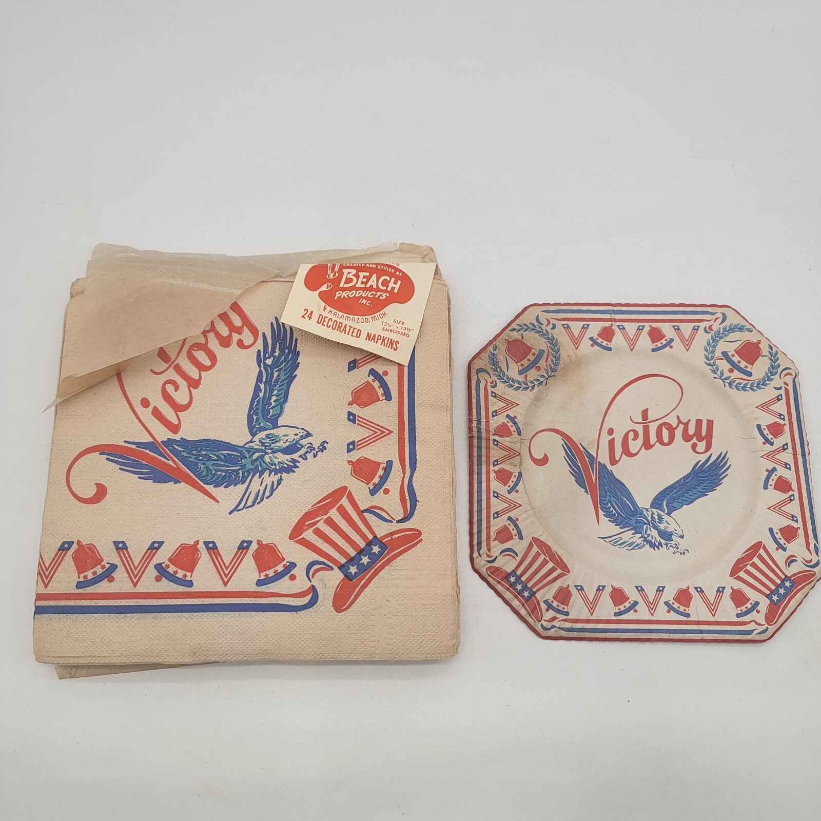 V For Victory Decorated Napkins & Paper Plate - Rare! WWII WW2 by Beach Products
