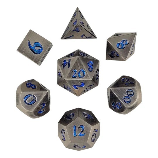 💎 Silver with Blue Mica | Metal DnD Dice Set | Dungeons &Dragons RPG